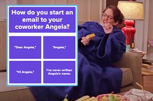Liz Lemon from 30 Rock wearing a Snuggie and eating cheese next to a screenshot of the question How do you start an email to your coworker Angela