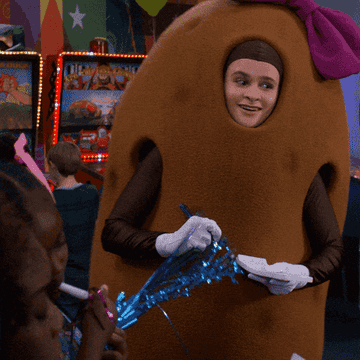 A girl dressed in a potato costume saying &quot;Welcome to sal e sour cream, i&#x27;ll be your best spud today&quot;.