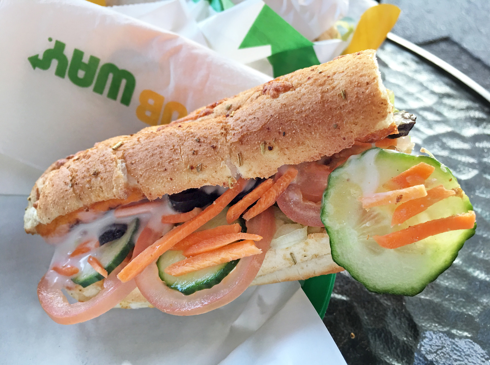A vegetable sandwich from Subway.