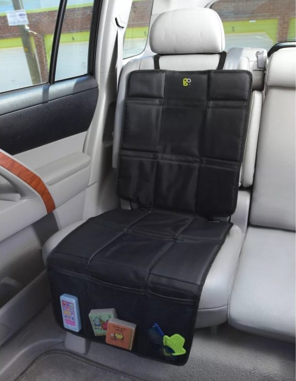 an image of a car seat protector with pockets that helps shield seat upholstery from spills and scuffs