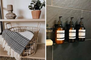 basket with throw blanket in it, matching toiletry soap pumps mounted in a shower