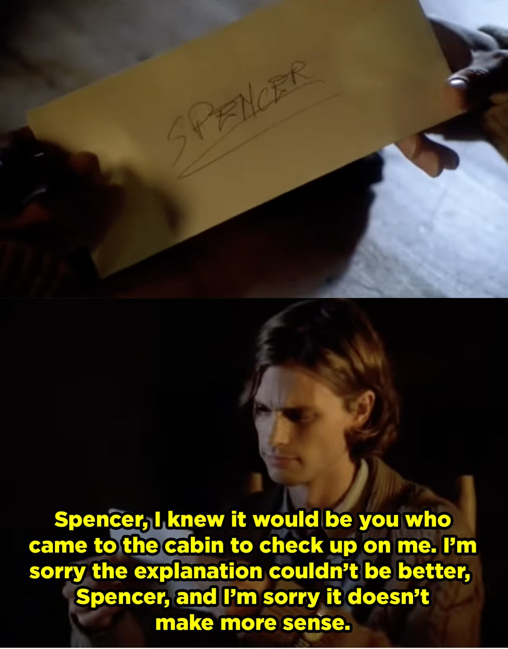 Spencer finds a letter from Gideon and in the letter Gideon tells him that he has to leave because nothing makes sense to him anymore