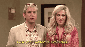 man and a woman standing side by side as the woman says &quot;|I use real California avocados&quot;