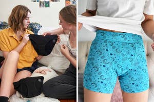two people looking at underwear that one is holding up and front shot of sleep shorts