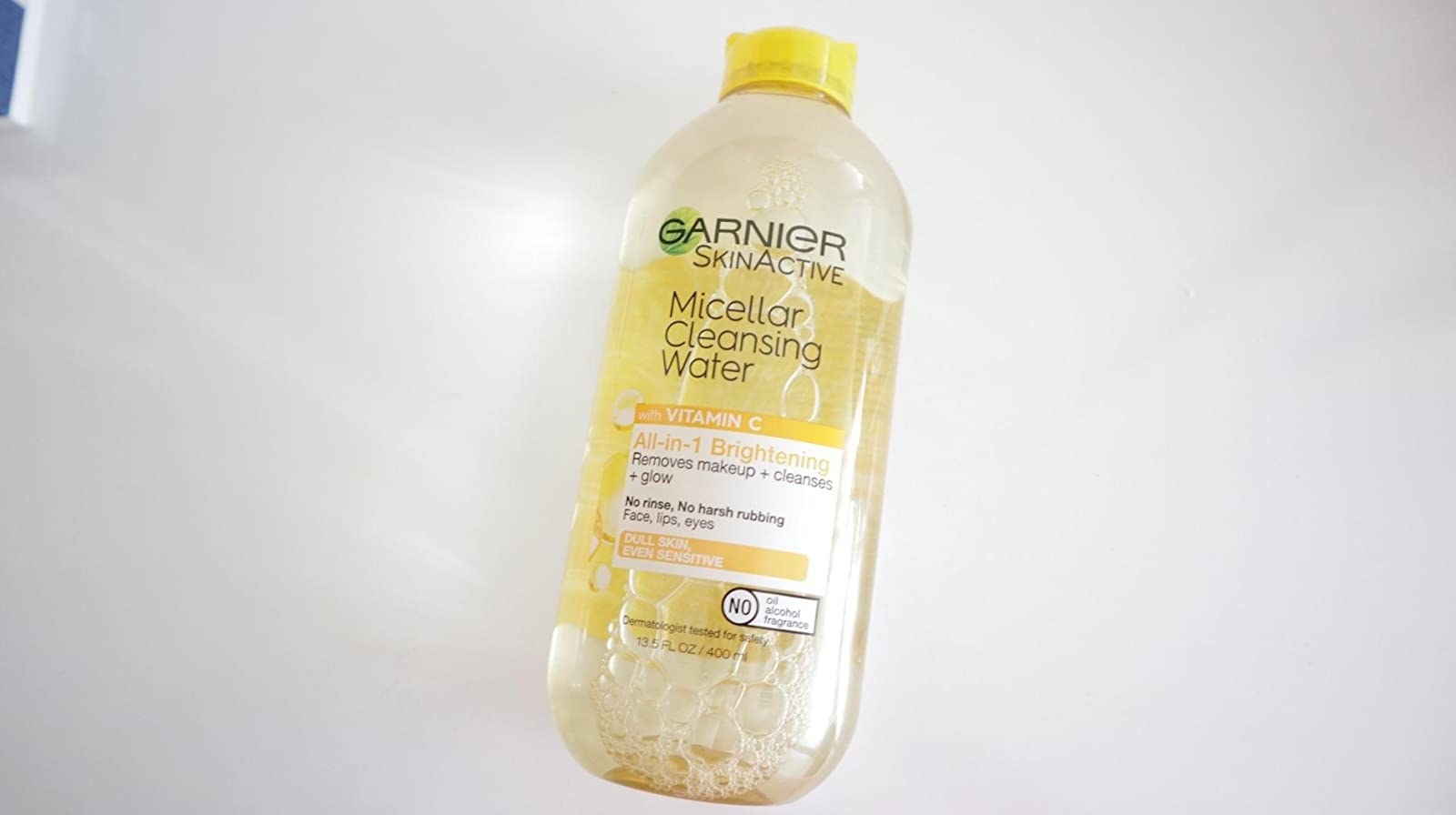 Reviewer photo of the yellow bottle of micellar water