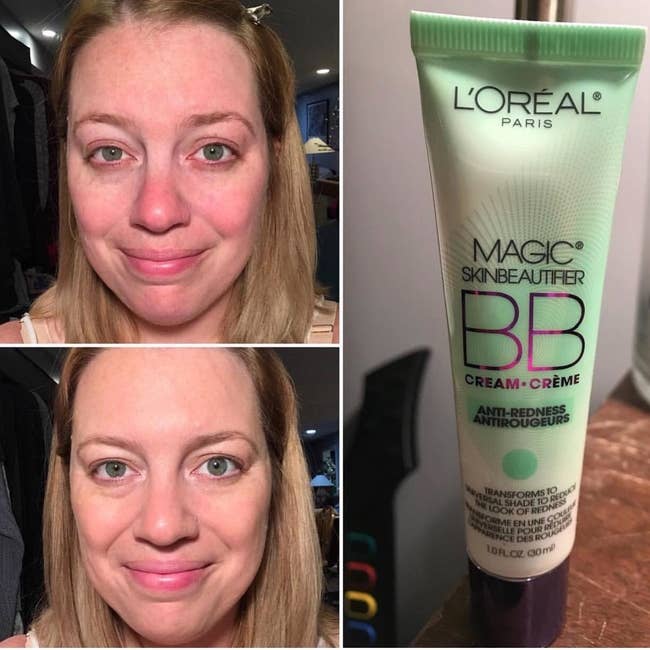 Reviewer photo of a before and after of their skin tone from using the bb cream