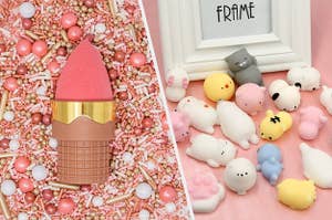 A beautyblender sponge in a small stand that looks like an ice cream cone, A bunch of tiny squishy silicone animals in a pile
