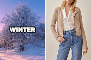 On the left, a tree covered in show labeled winter, and on the right, someone wearing high-waisted jeans, a button-down shirt and a cardigan