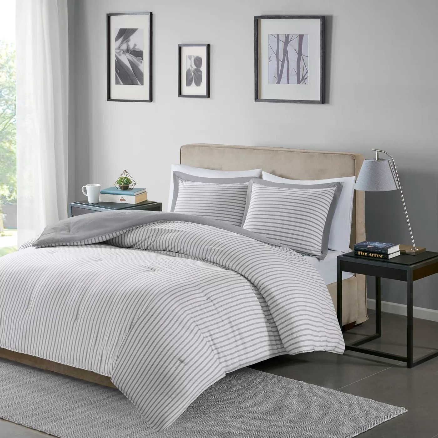 The striped, reversible comforter and shams