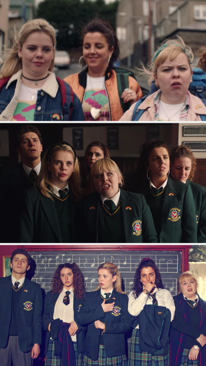 the derry girls wearing the rainbow pins at three different times