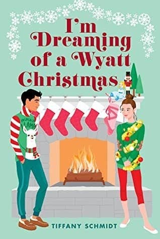 Cartoon illustration of a young couple staring at each other in front of a Christmas-themed fireplace