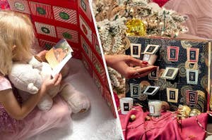 A child with a book sitting in front of a giant advent calendar, An advent calendar with two mini candles in front of it