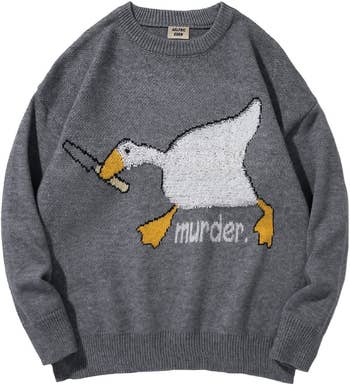 sweater with goose holding knife that says murder
