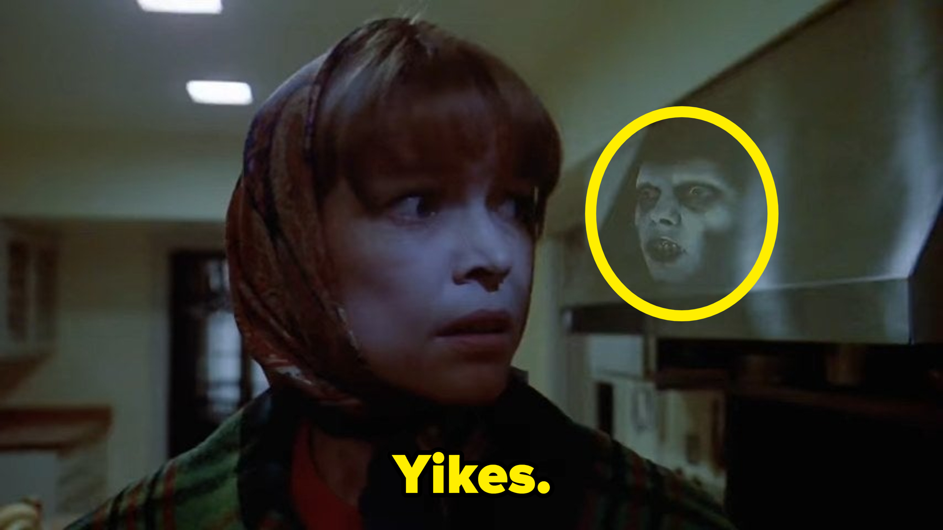 Chris standing in her kitchen with Pazuzu&#x27;s face in the exhaust hood in &quot;The Exorcist&quot; (1973)