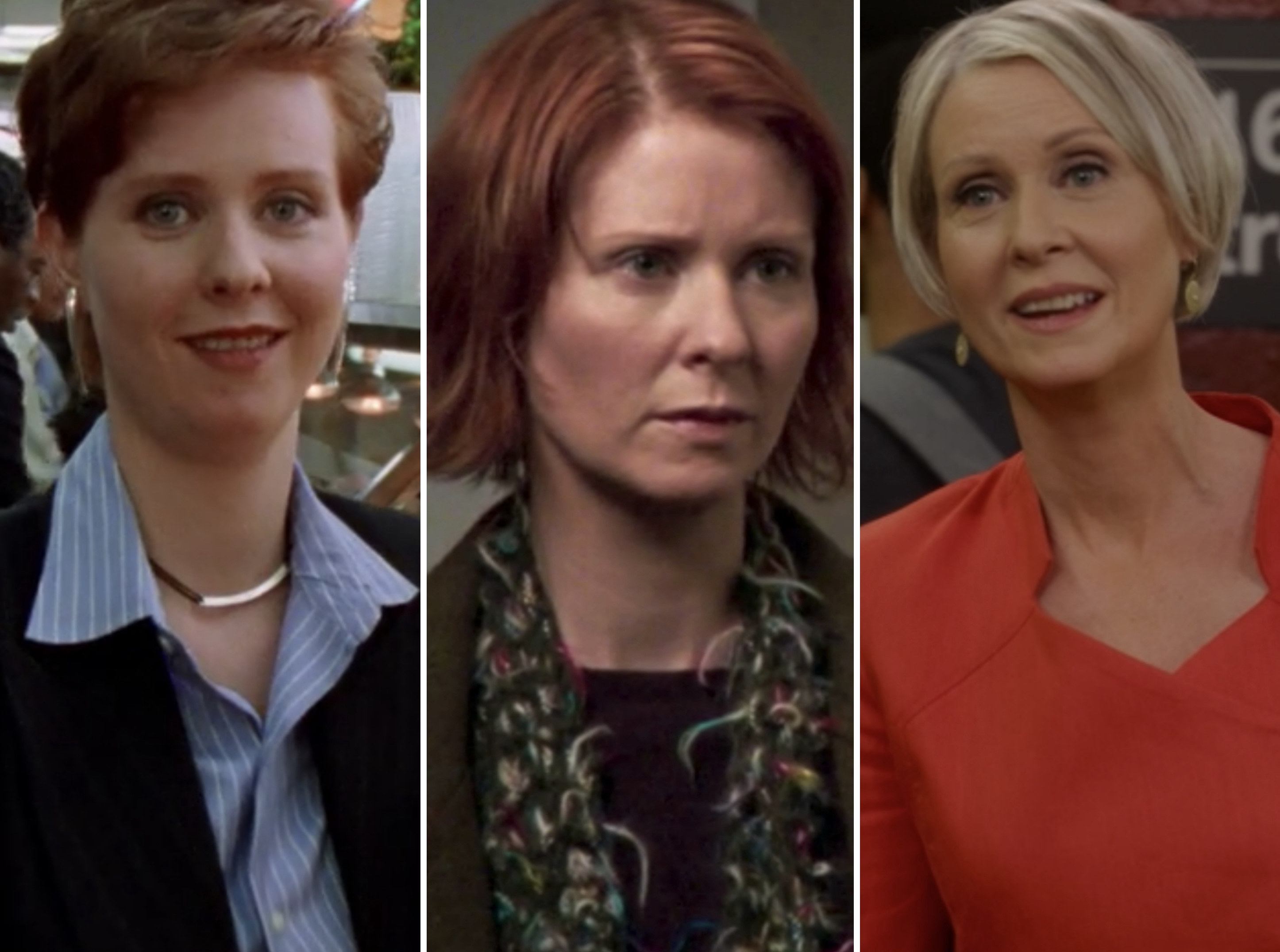 Cynthia Nixon in the first vs. last episode of "Sex and the City," and in "And Just Like That..."