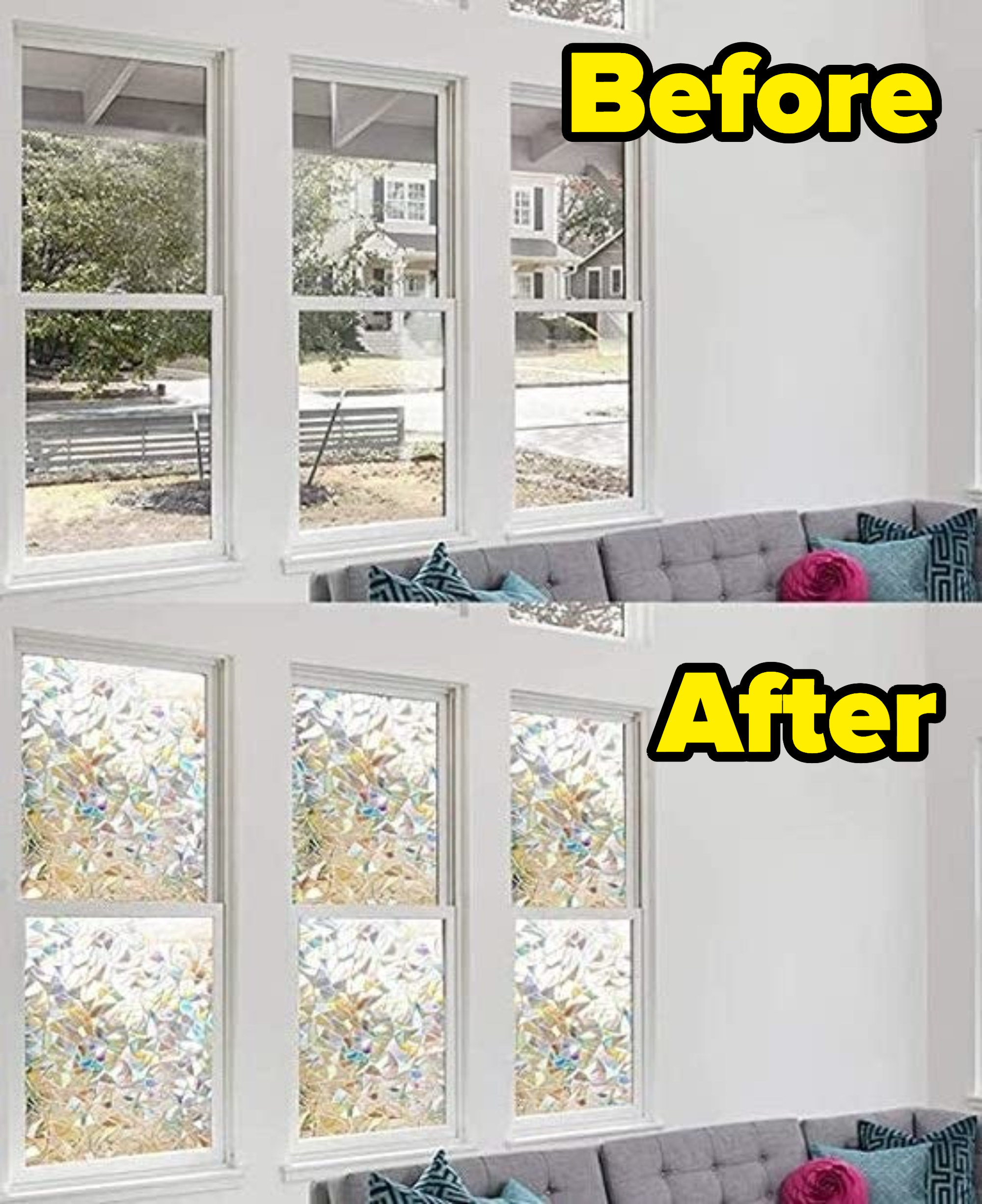 A before of clear windows, and an after of the windows covered in rainbow privacy clings