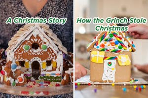On the left, a gingerbread house with wafers on the roof and various candies on it labeled A Christmas Story, and on the right, a gingerbread house covered in lots of candy labeled How the Grinch Stole Christmas