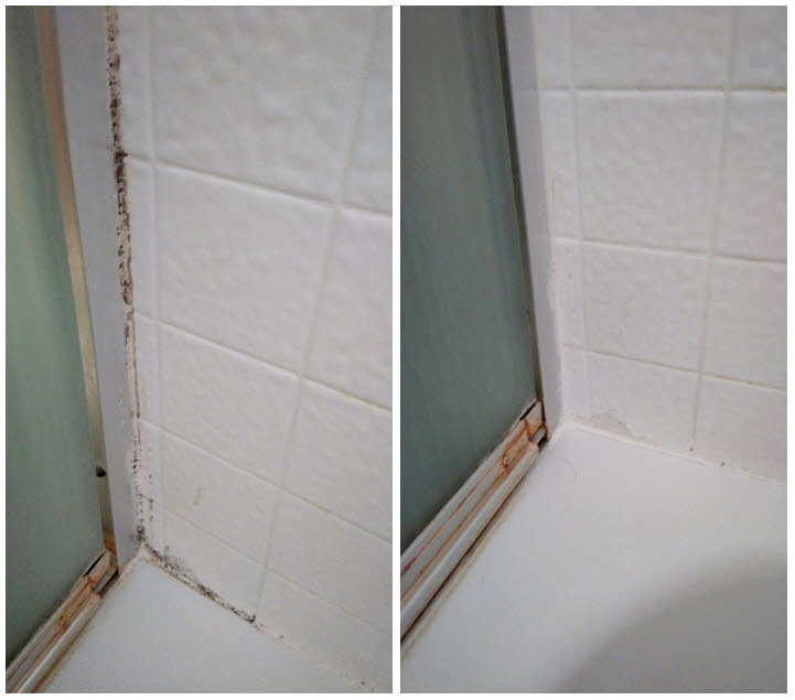 reviewer&#x27;s moldy grout and caulk before, and then bright white after using product