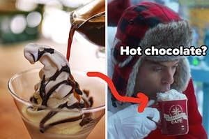 Ice cream sundae with hot chocolate sauce being poured on it and Nick Kringle from the movie "Noelle" as he drinks hot chocolate