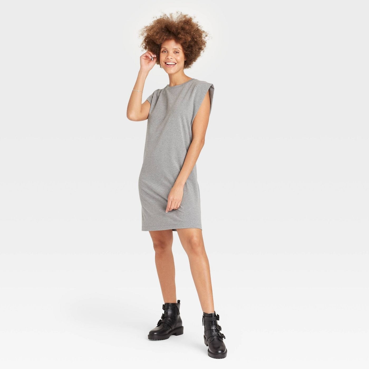 front view of model wearing the dress in gray