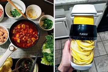 on left, white electric hot pot on table filled with meat and veggie bowls. on right, hand holds spiralizer filled with yellow squash zoodles