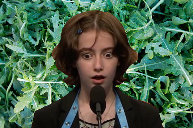 A confused spelling bee contestant over a bed of arugula