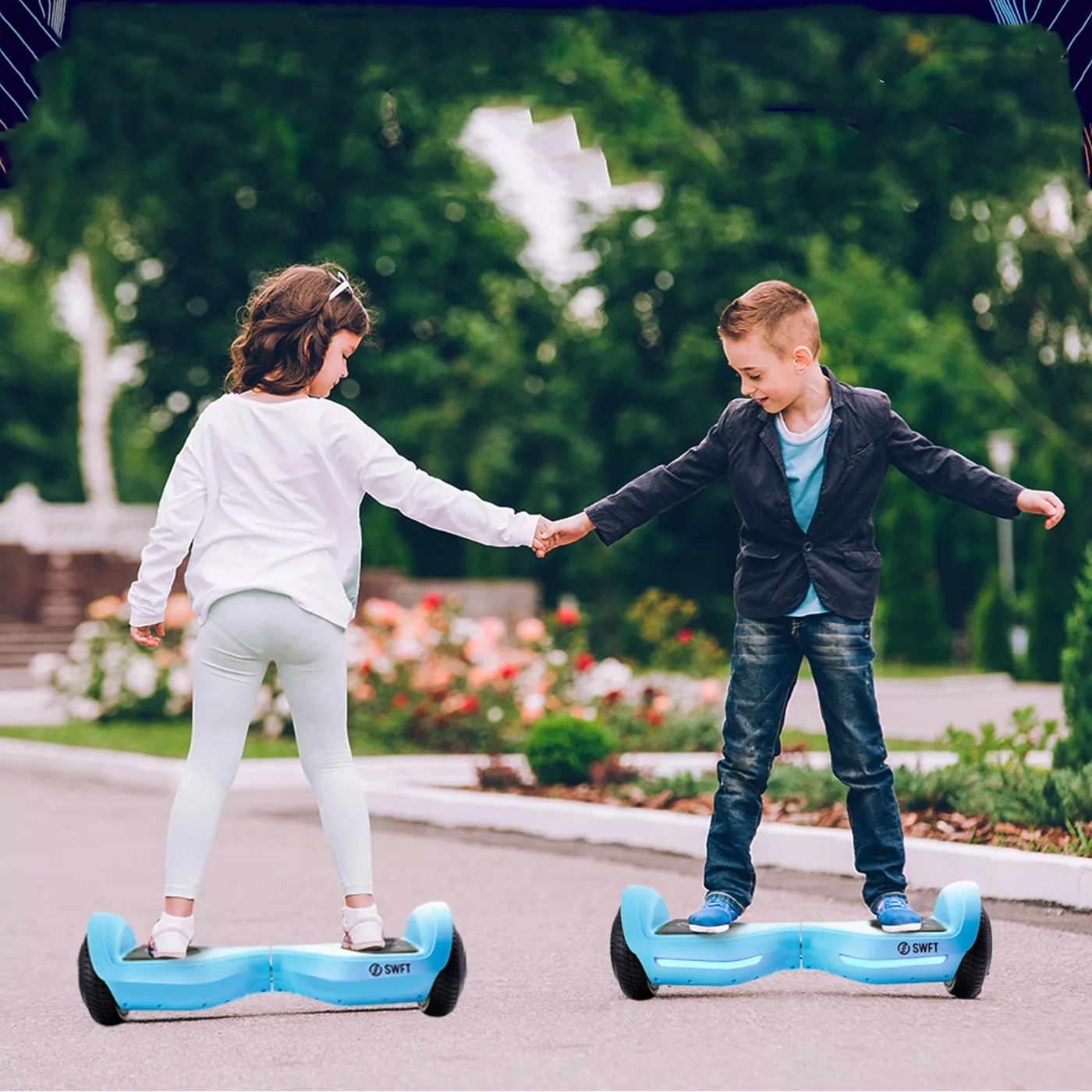 Kids playing with the blue hoverboards