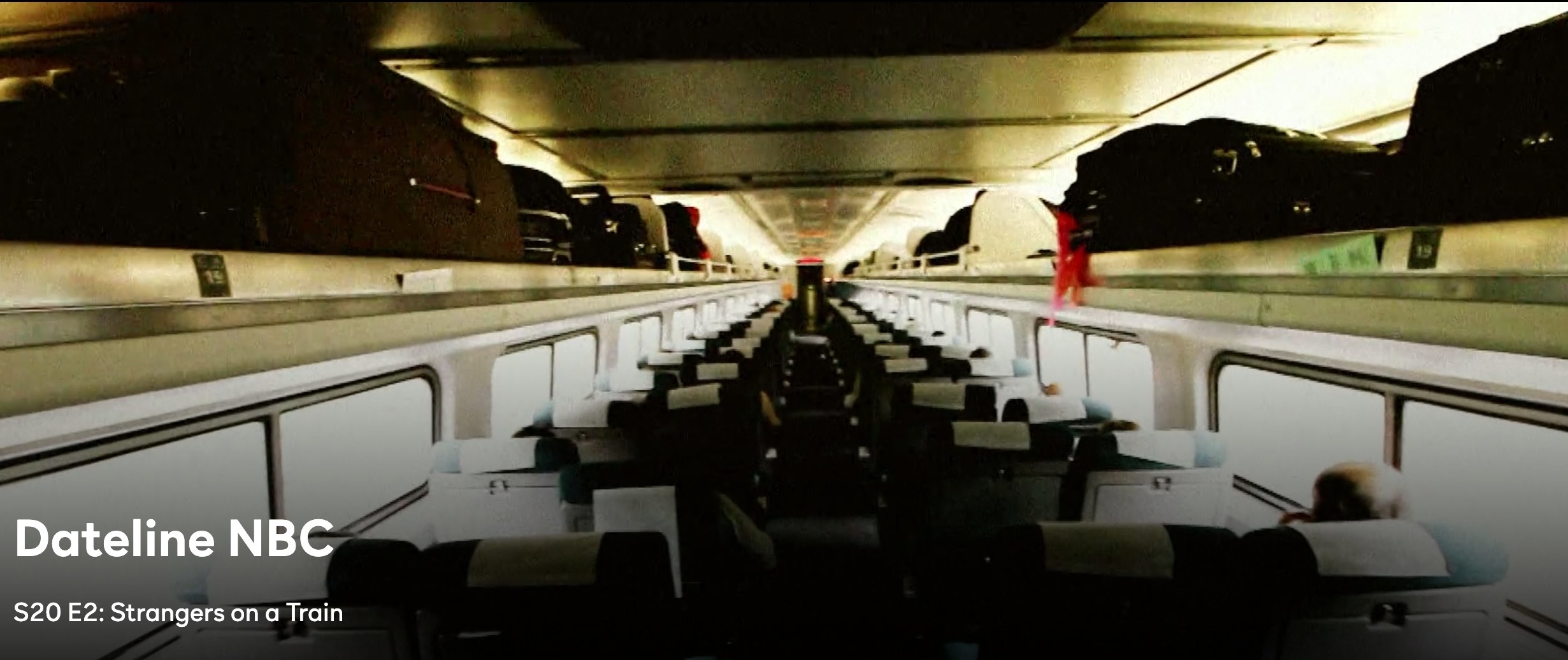 A still from Dateline featuring the inside of a mostly empty train