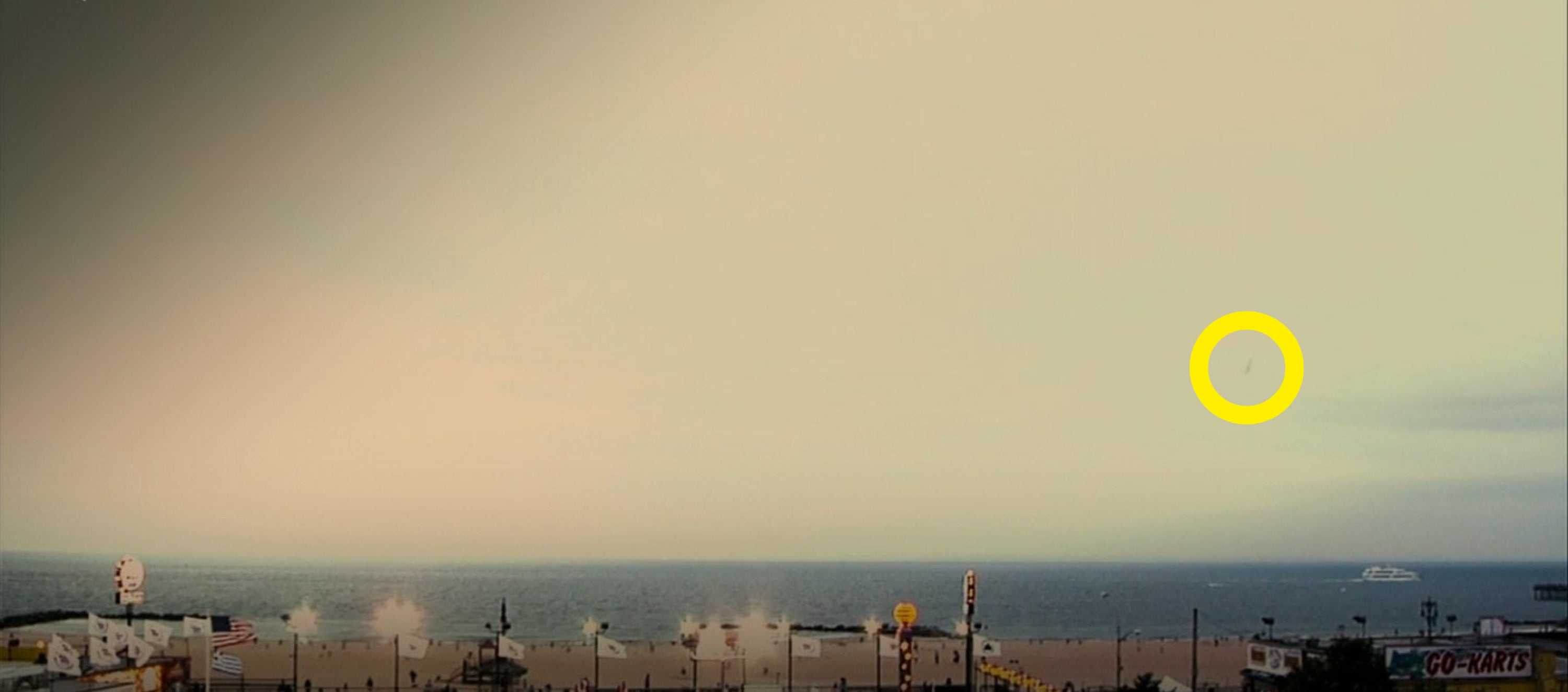 A shot of the beach on Coney Island where an object is falling into the ocean from the ocean in &quot;Cloverfield&quot;