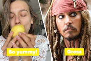 Woman biting into a lemon wearing a white top. A man dressed as a pirate looking scared.