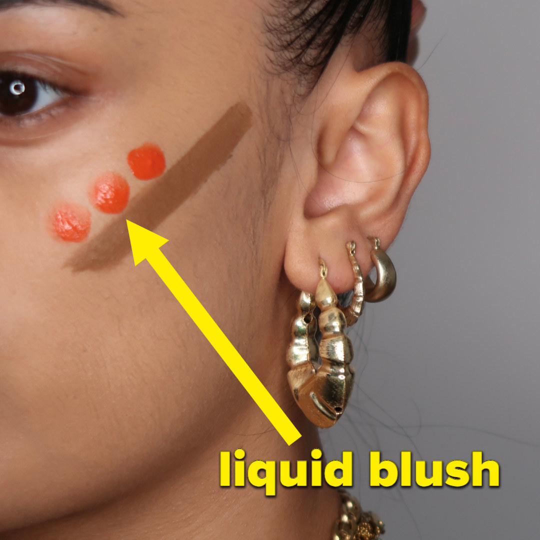 Liquid blush applied to my cheek