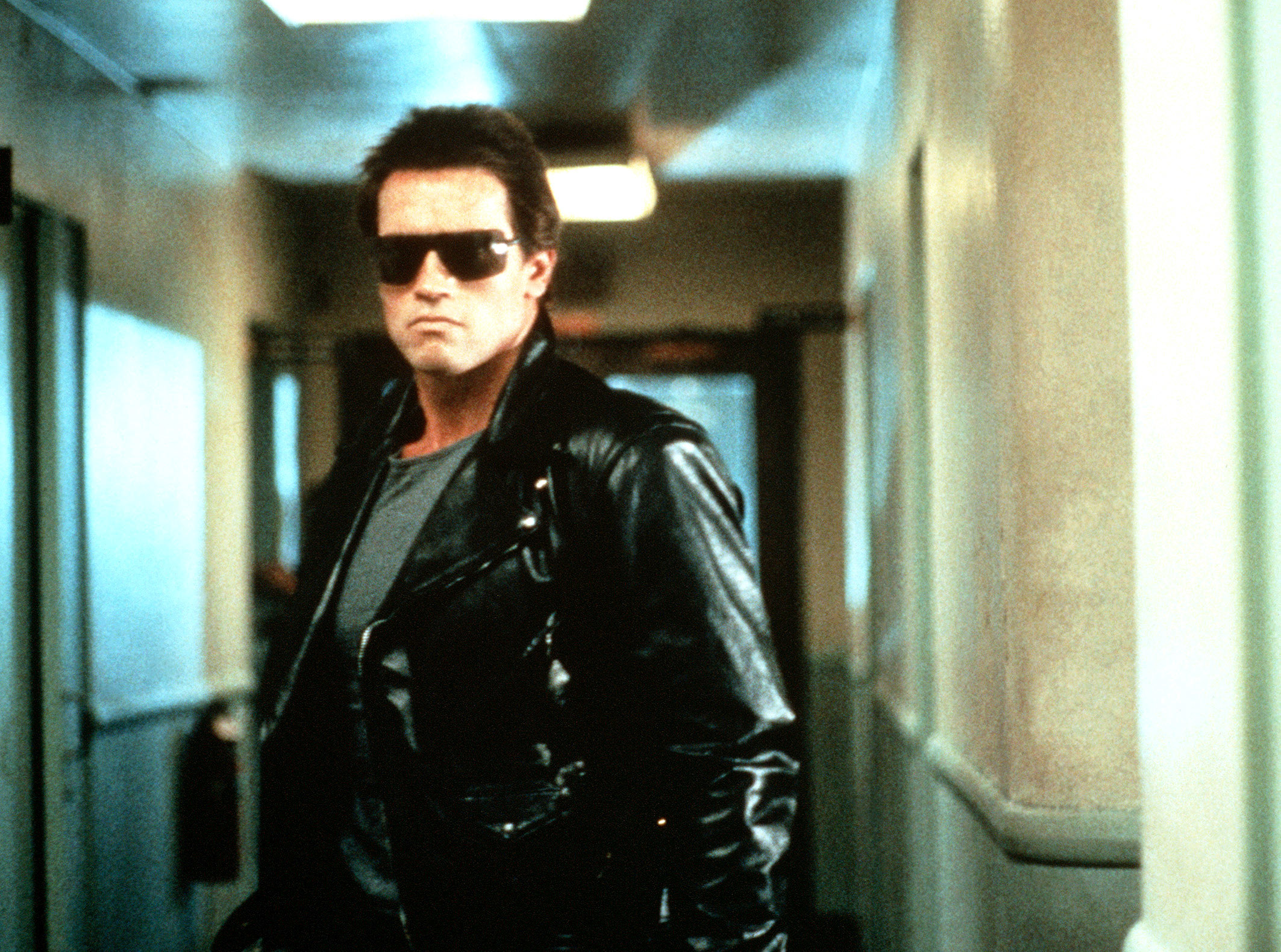 the Terminator wearing his signature sunglasses and leather jacket