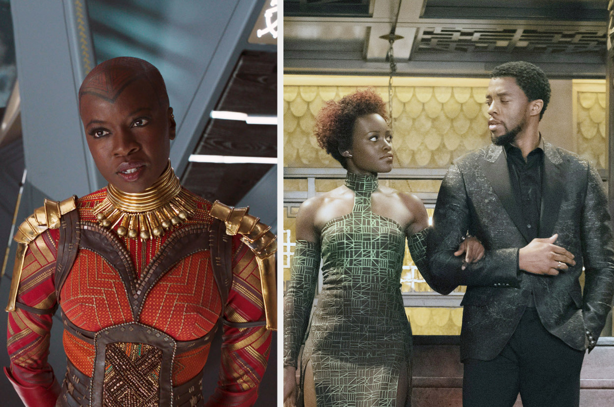 Okoye, T'Challa, and Nakia in red, black, and green, respectively