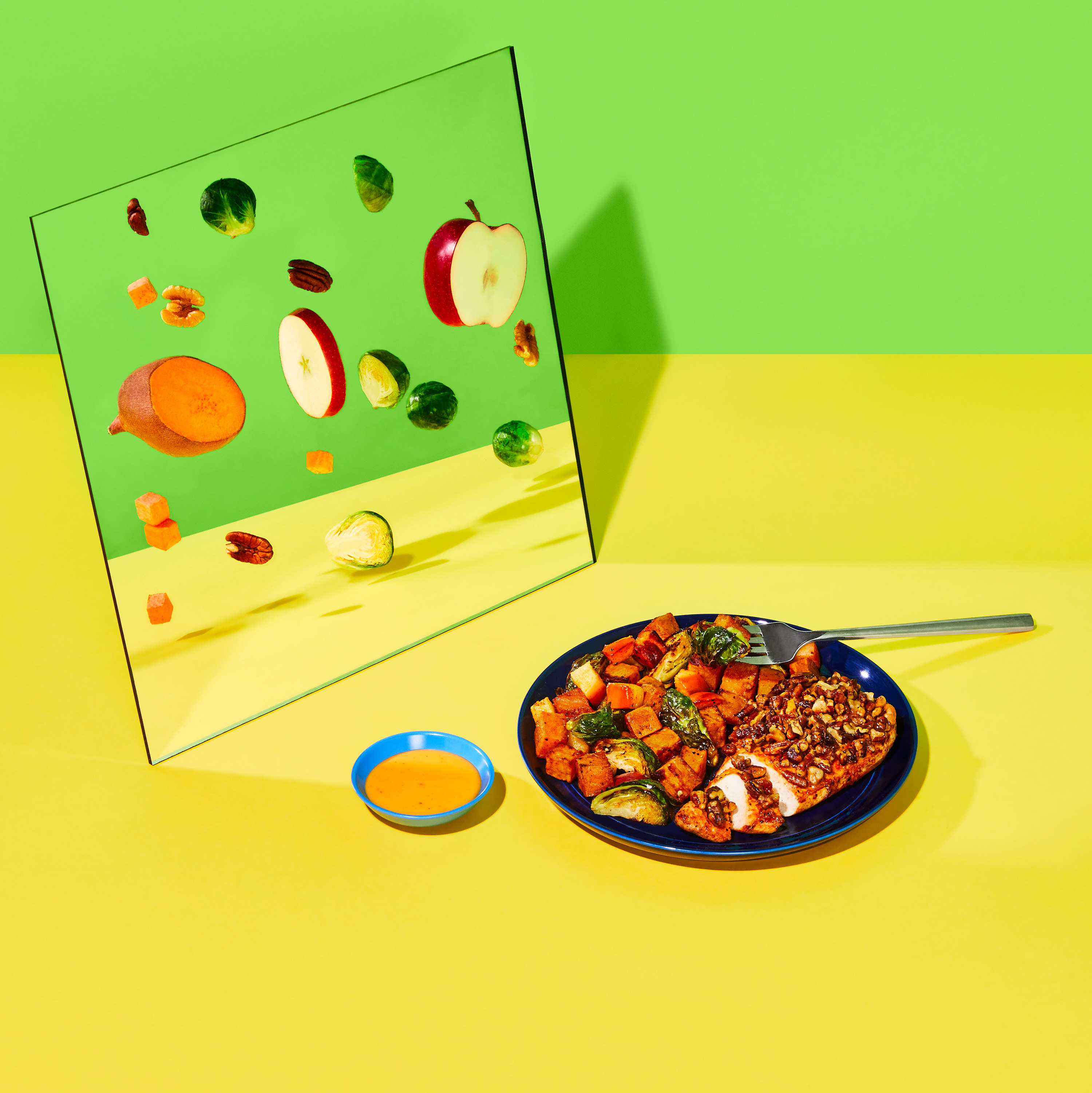 A HelloFresh meal looking into a mirror revealing the ingredients that went into the dish.