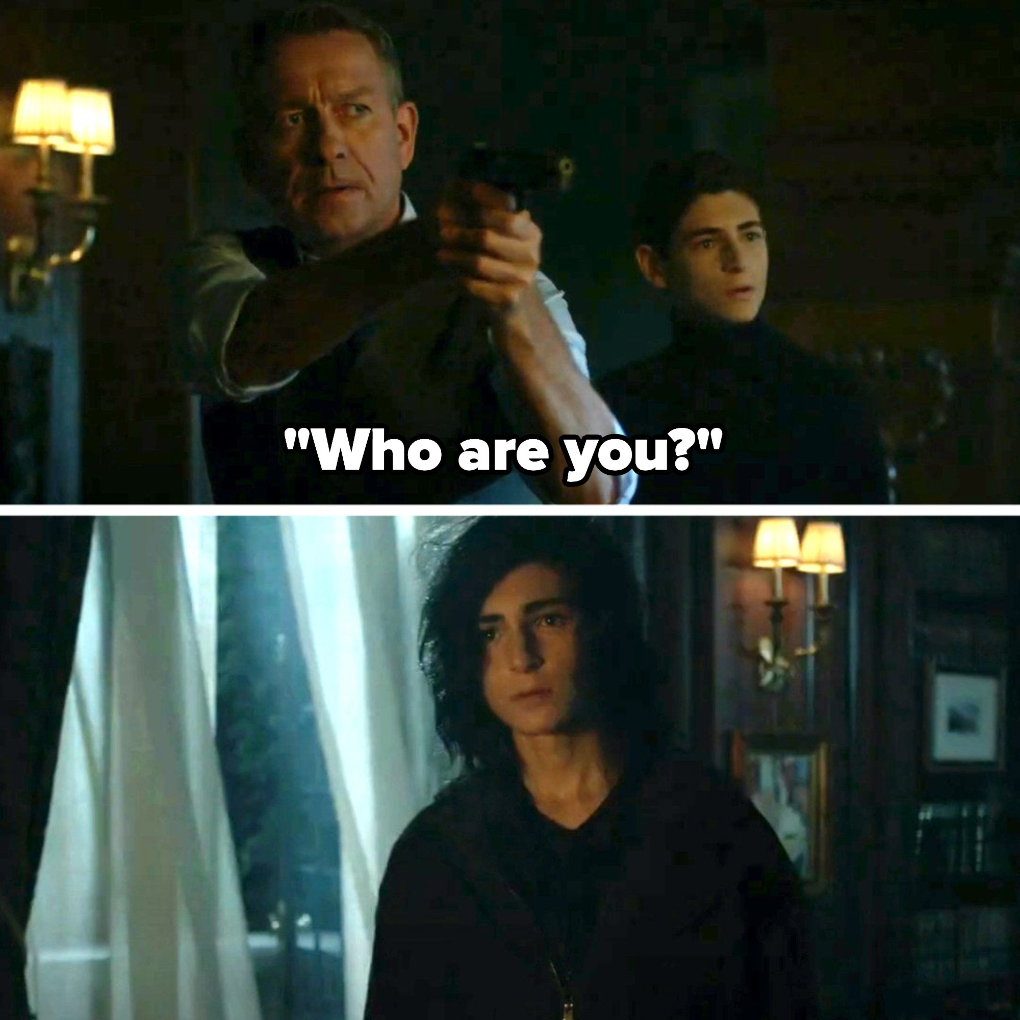 Alfred, with a gun and Bruce next to him, asks the intruder who they are — we see they look just like Bruce