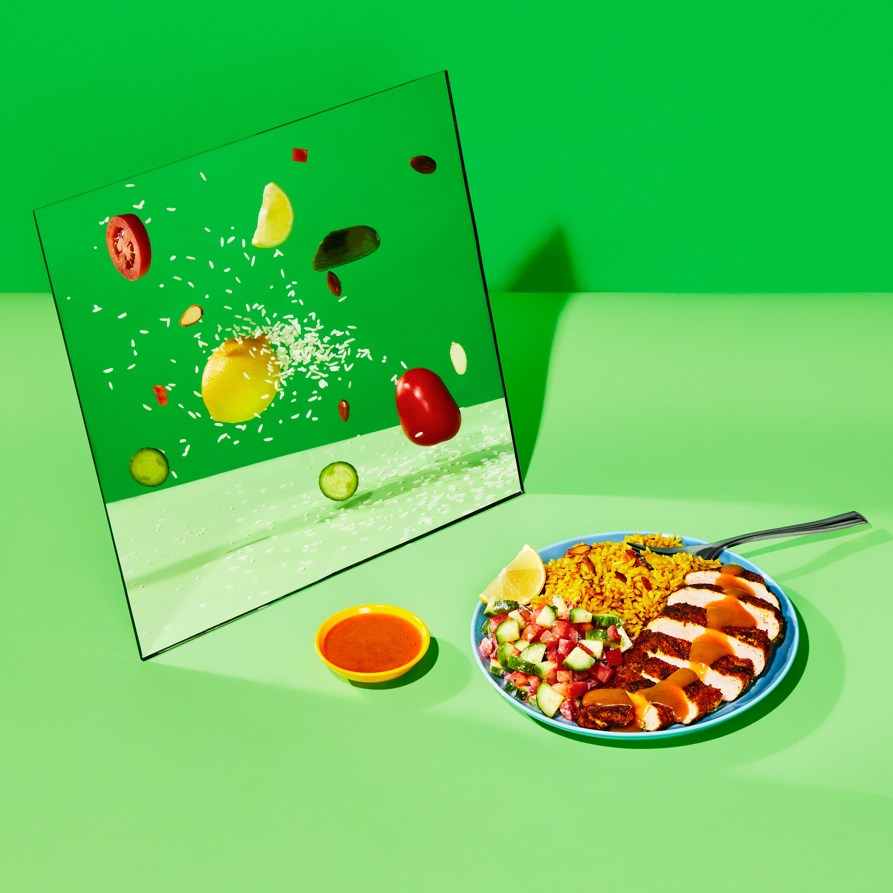A HelloFresh meal looking into a mirror revealing the ingredients that went into the dish.