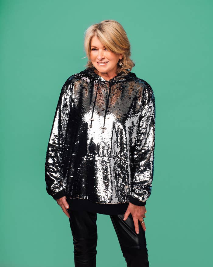 Martha Stewart in a sequined hoodie and pants