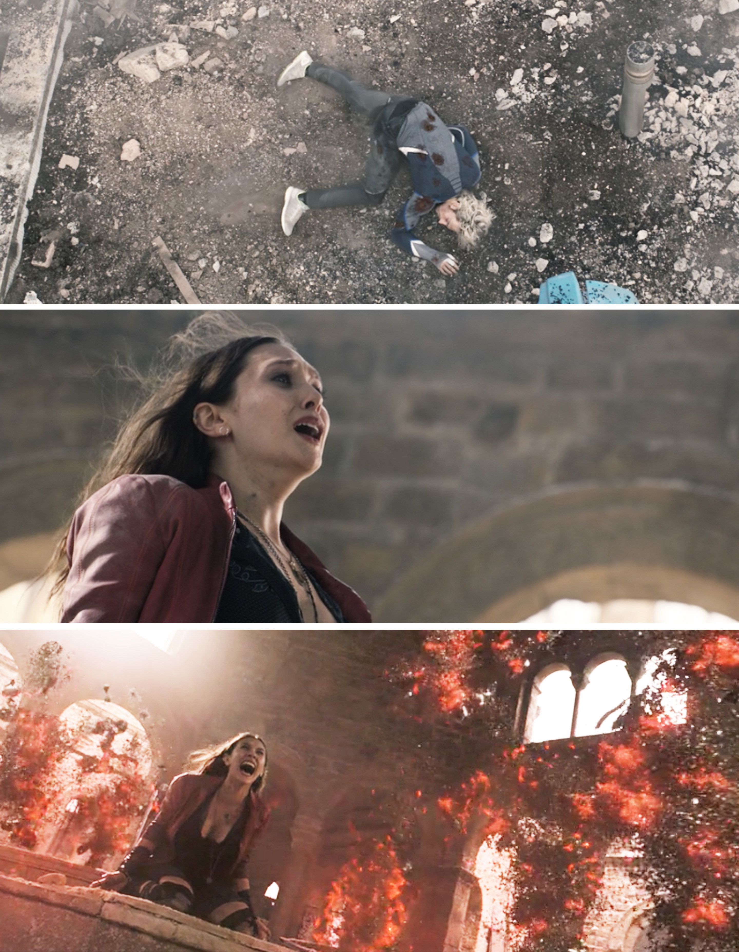 Wanda dropping to her knees, crying, and emitting her power