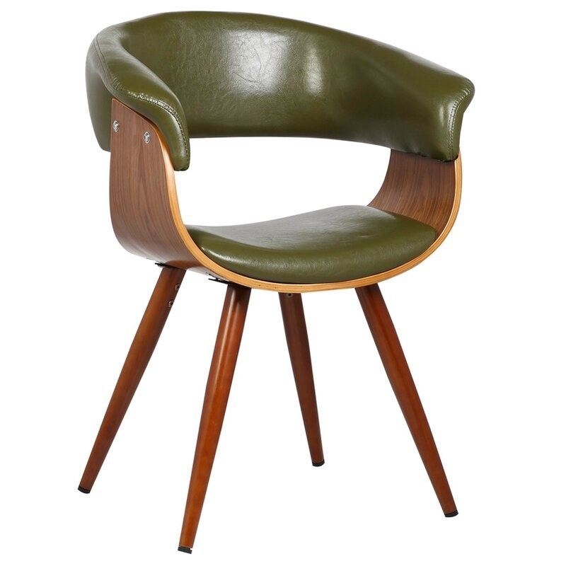the olive leather and dark wood chair