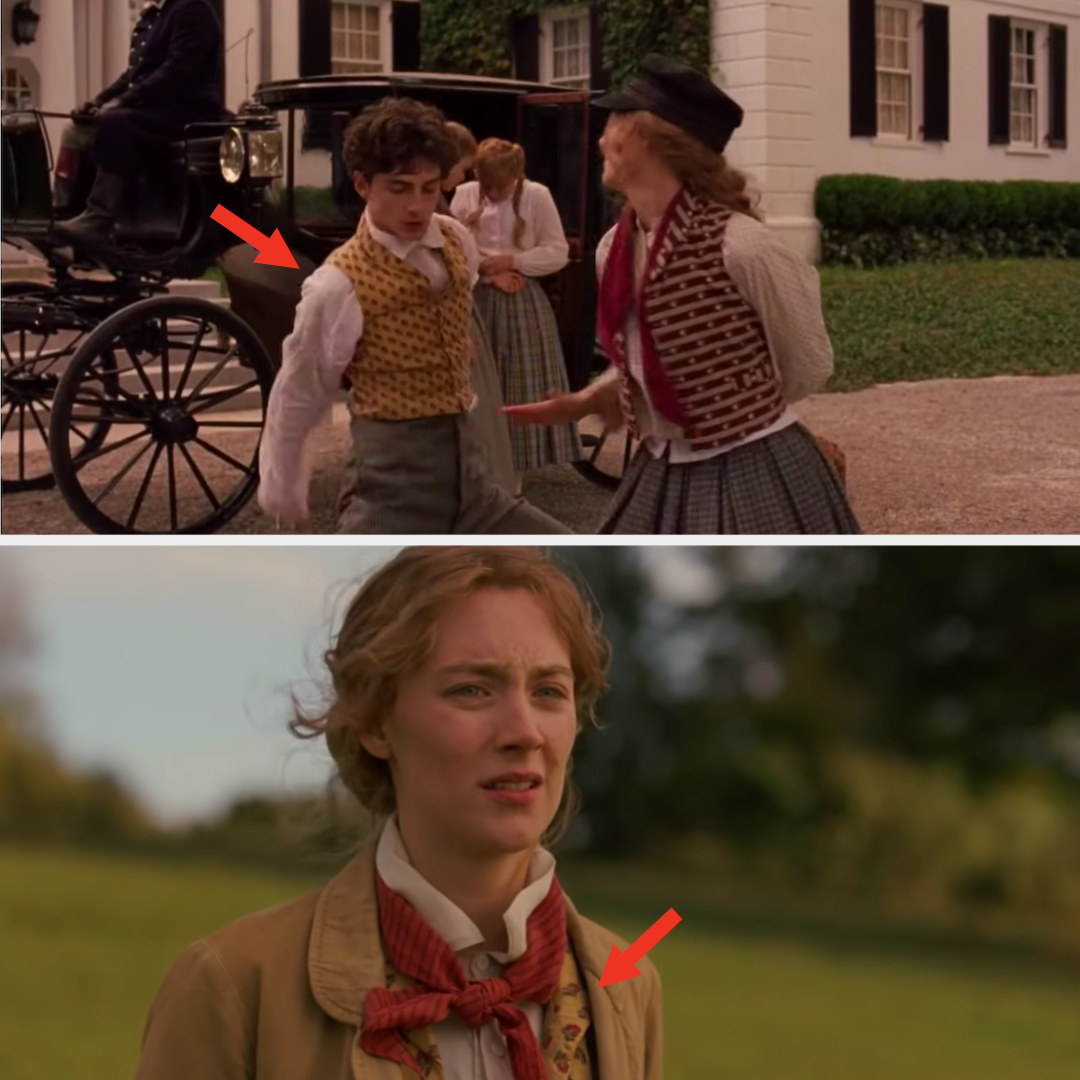 Timothée Chalamet as Laurie and Saoirse Ronan as Jo, both wearing similar vests, and then Jo wearing Laurie's vest in another scene