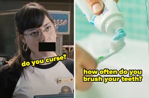 On the left, Aubrey Plaza as Julie in Scott Pilgrim vs. the world with a black box over her mouth and do you curse typed underneath it, and on the right, someone putting toothpaste on a toothbrush labeled how often do you brush your teeth