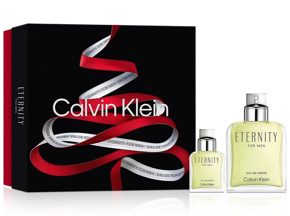 Two bottles of Calvin Klein Eternity cologne next to product box