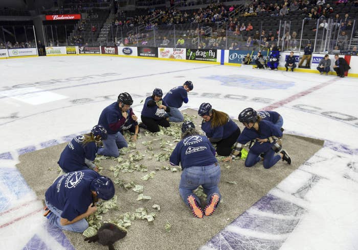 Teachers wearing helmets scramble for $1 bills on a carpet in the middle of an ice rink