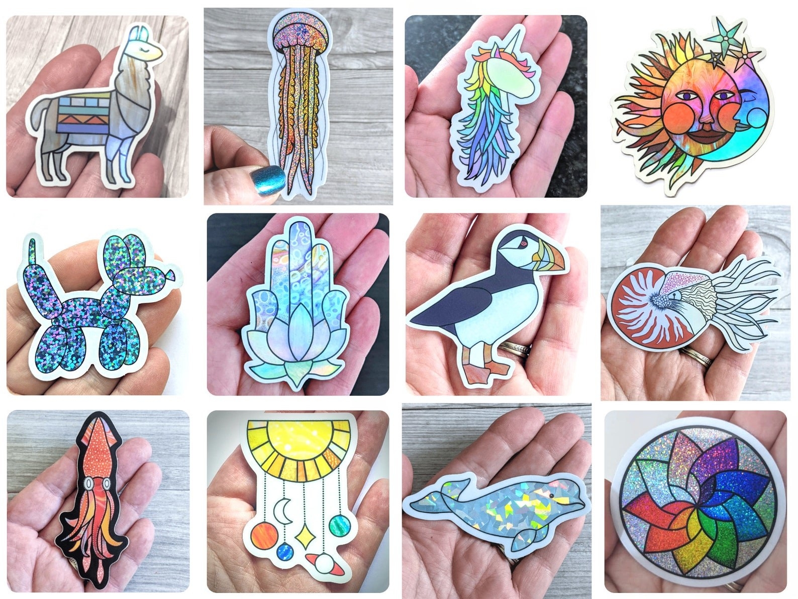 Hands holding assorted sticker designs