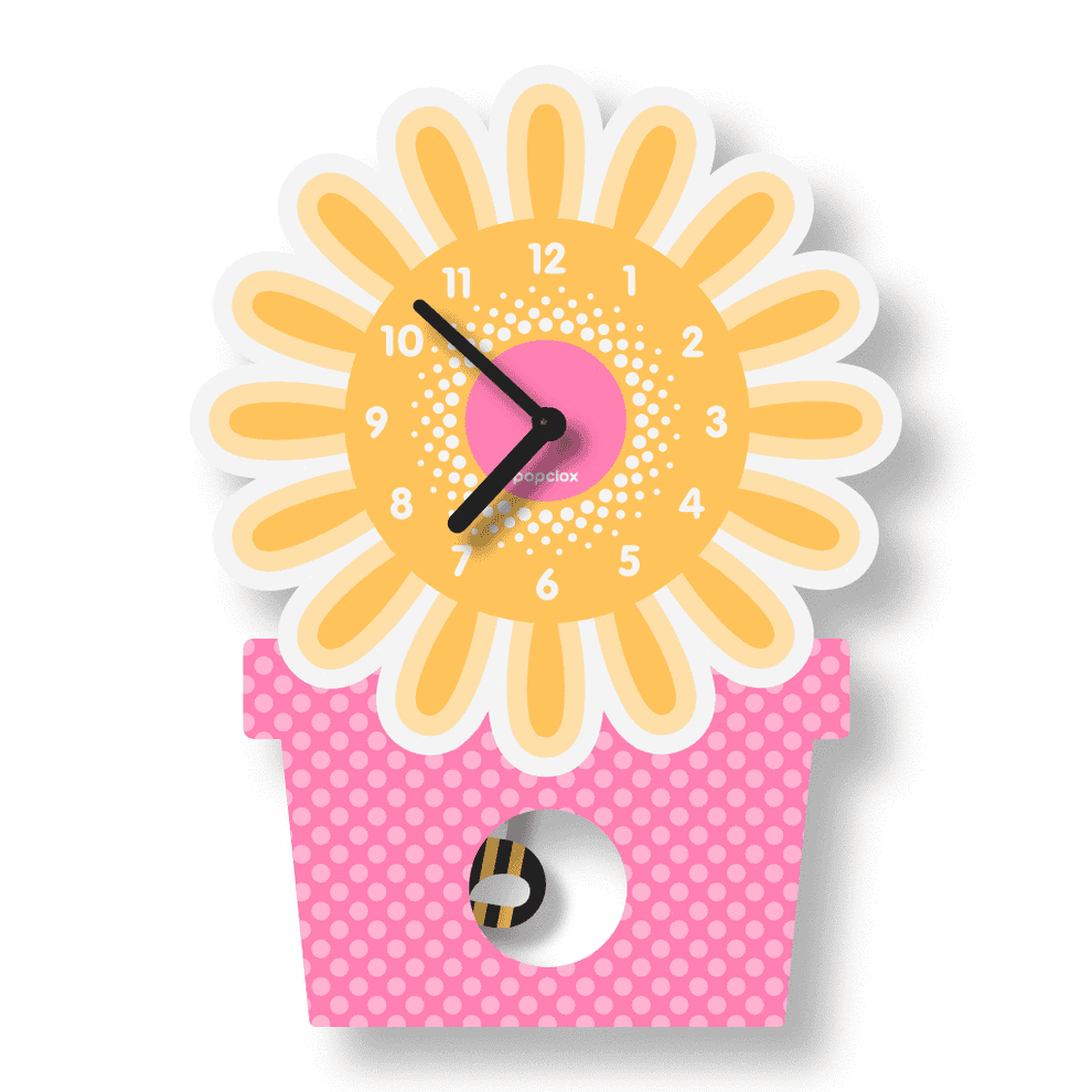 a pink and yellow flower pot clock with a bee pendulum