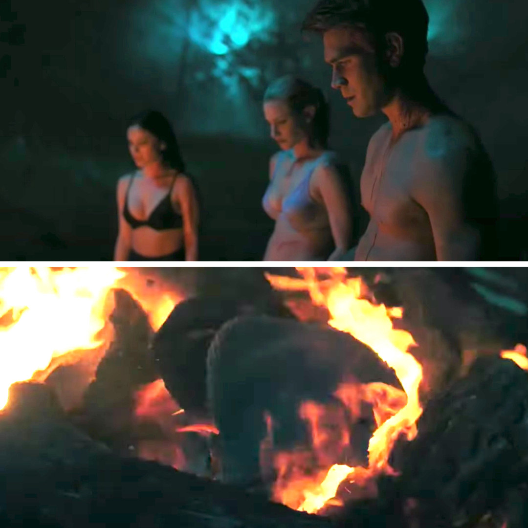 Veronica, Betty, and Archie in only their underwear burning Jughead&#x27;s beanie