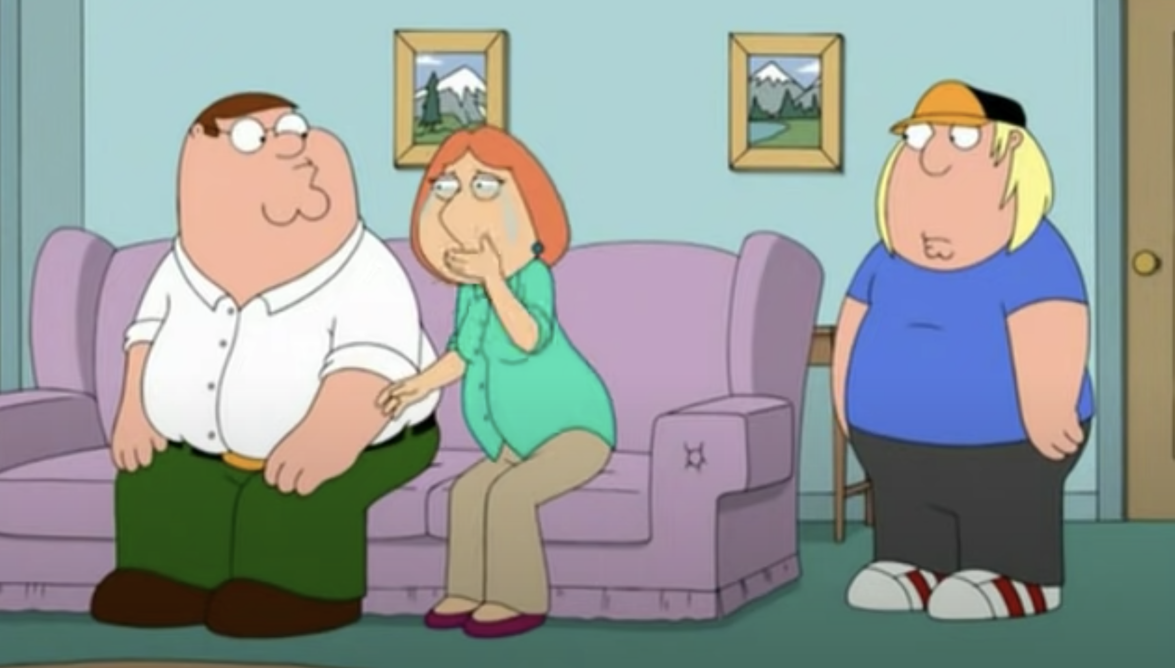 Animated man and woman sit on a couch as the woman covers her mouth with her hand