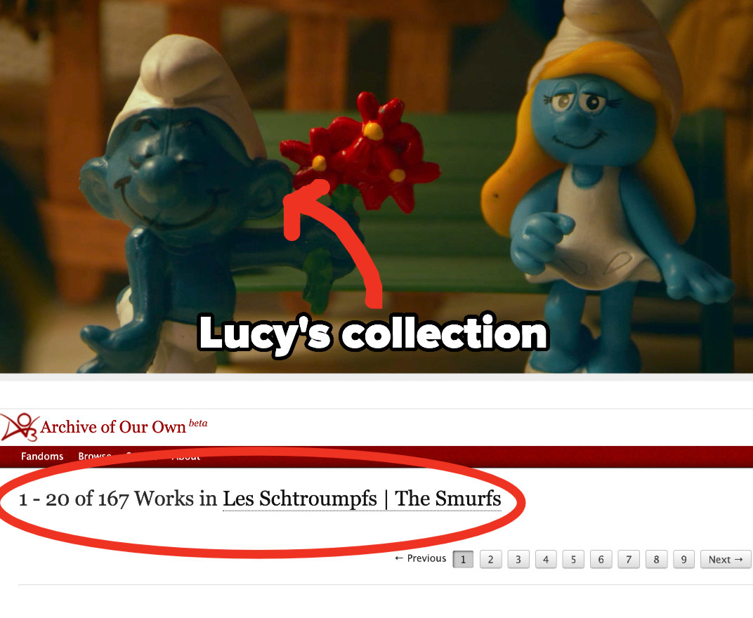 Lucy&#x27;s Smurf collection alongside real AO3 catalogue of 167 Smurf fics