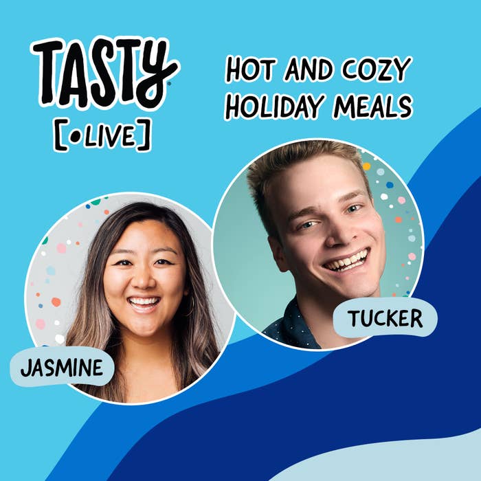 Promo image with text, &quot;Tasty Live: Hot and Cozy Holiday Meals&quot; and images of Jasmin and Tucker