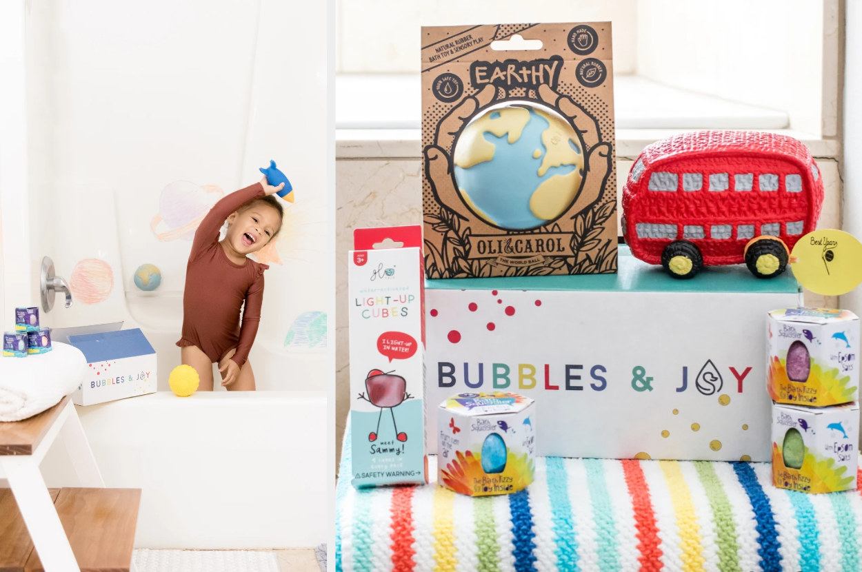 Split image of child playing in tun and contents of a subscription box